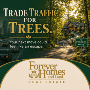 Real estate graphic reading “Trade Traffic for Trees” featuring a wooded Pocono property and Forever Homes and Land branding